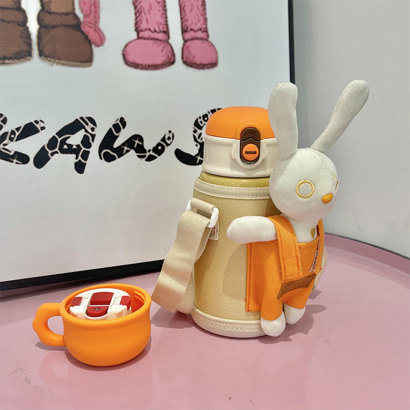 316 Stainless Steel Kettle Student School Gift Band Straw Water Cup Plush Toy Cartoon Children's Thermos