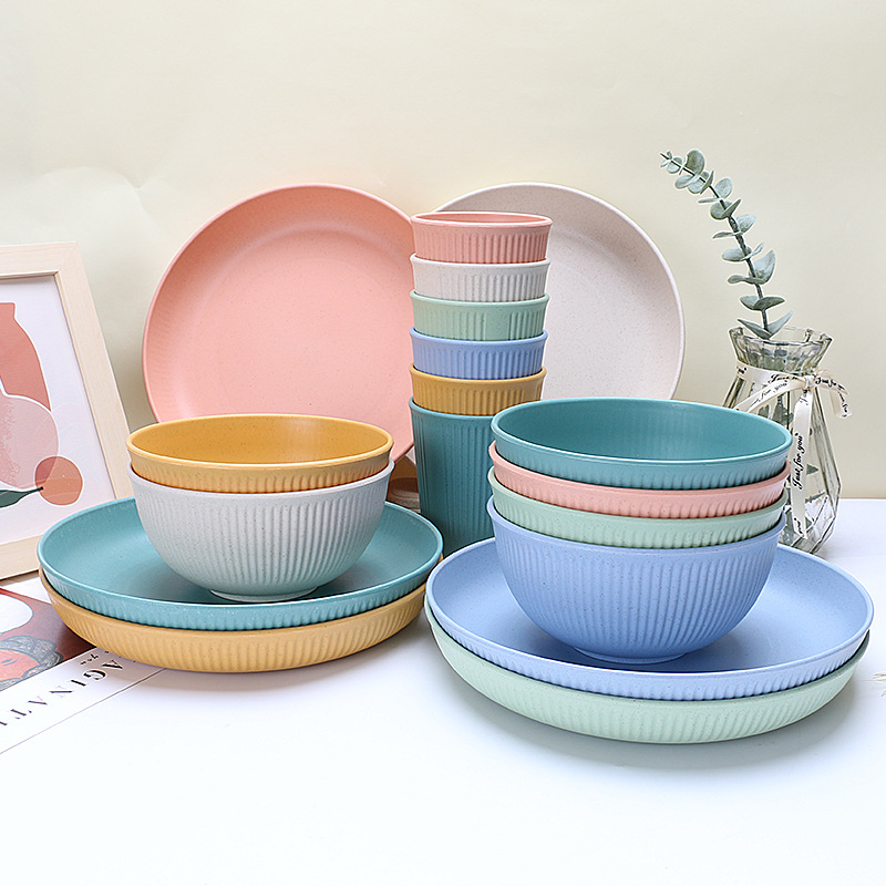 Cross-Border Wheat Straw Vertical Pattern Bowl Cup Plate Set Household Eating Dinner Plate Dining Bowl Water Cup Tableware Gift Set