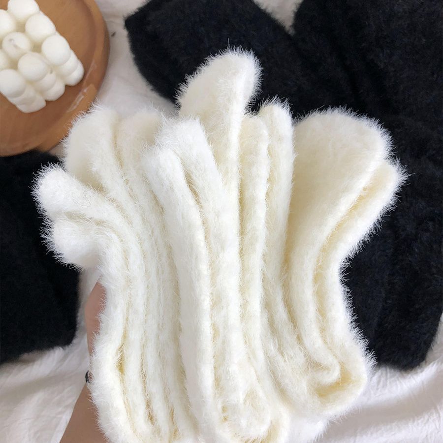 Mink Fur Socks Women's Mid-Calf Length Autumn and Winter Warm Velvet Padded Thickened Furry Black White Confinement Sleep Fluffy Socks