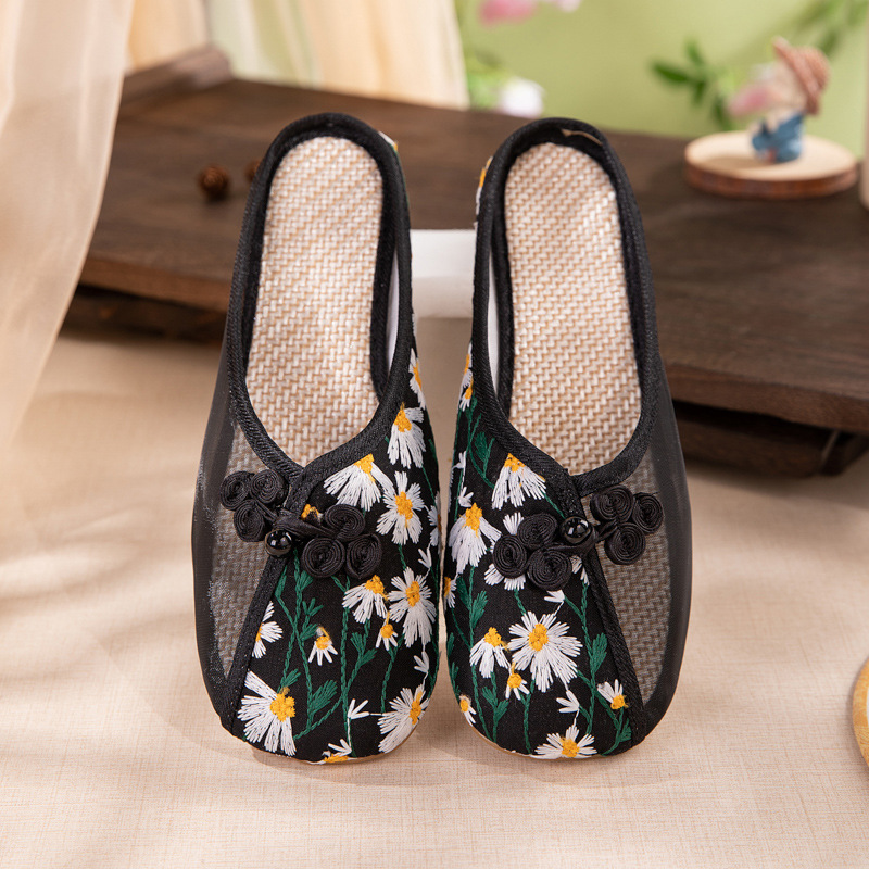 清禾2024夏季新款老北京布鞋民族风居家绣花拖鞋网纱复古绣花鞋子