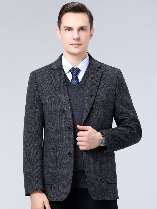 男式休闲西服2023秋冬季加厚双面羊毛呢商务中年纯色上衣西装外套