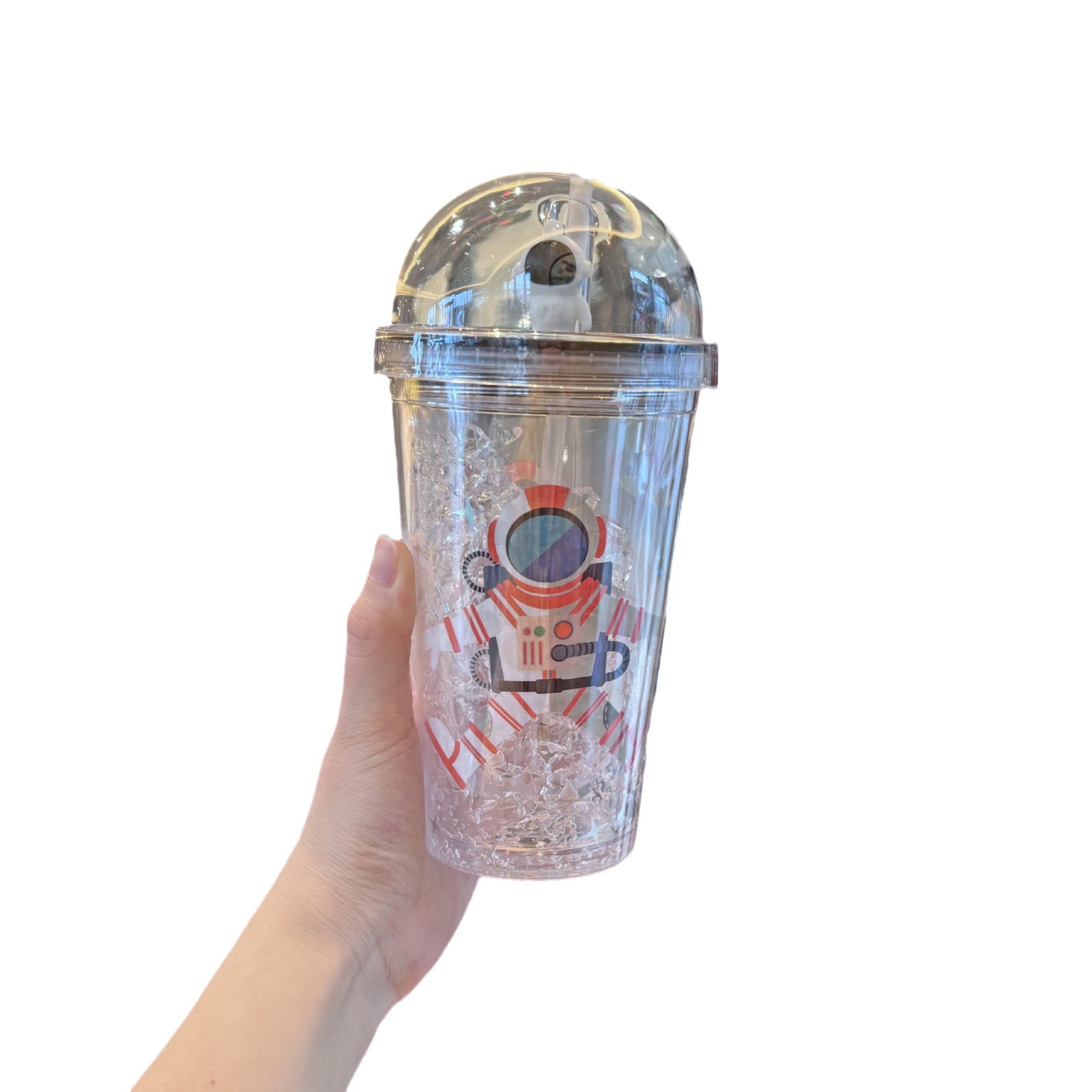 Cross-Border Hot Selling Astronaut Plastic Water Cup Wholesale Cartoon Children Straw Cup Double-Layer Plastic Cup Ice Cracking Broken Ice Cup