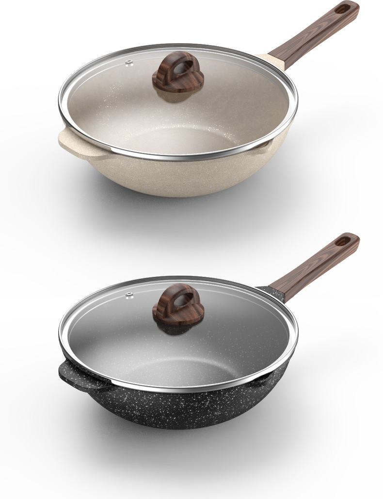 厂家批发铝压铸锅 麦饭石压铸炒锅 多功能少油烟压铸锅 复底炒锅