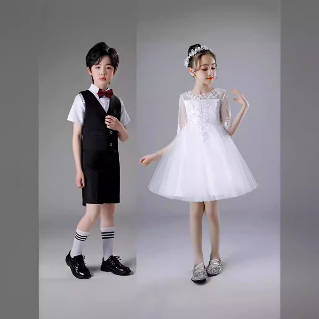 女童主持人礼服公主裙婚纱蓬蓬裙钢琴花童男马甲造型儿童节舞台装