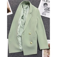 西服女设计感小众高级薄荷绿西装外套春秋新款时尚白色双排扣上衣