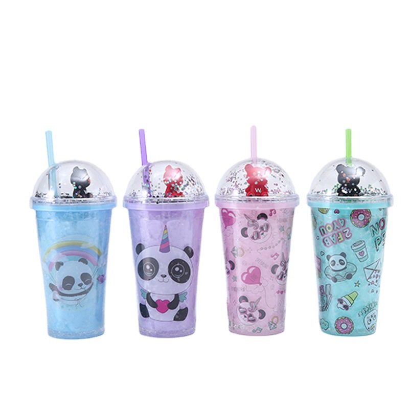 Internet Hot New Creative Cartoon Double-Layer Cup with Straw Cute Portable Child Bear Doll Student Plastic Cup Wholesale