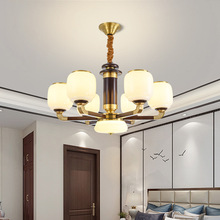 新中式玻璃灯罩全铜实木灯具中国风新款吊灯复式楼多层家用楼梯灯