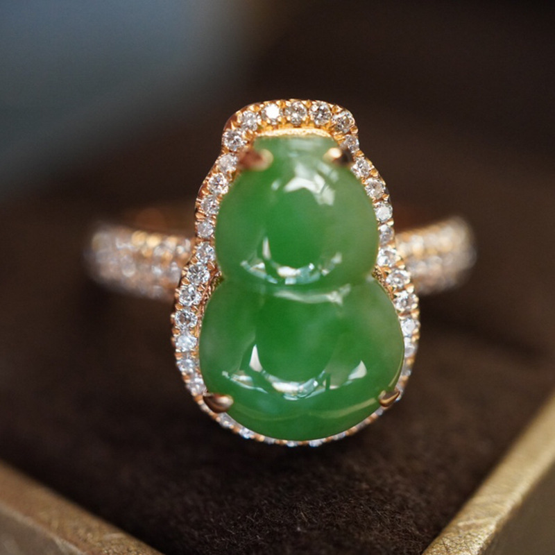 18k金镶翡翠葫芦戒指 绿 玫瑰金 女 镶钻 金镶玉 真金真钻 配证书