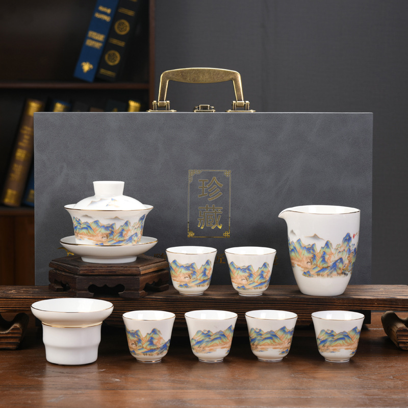 High-End White Jade White Porcelain Sets Kung Fu Tea Set Gold Gaiwan Set Company Gifts Can Add Logo Present for Client