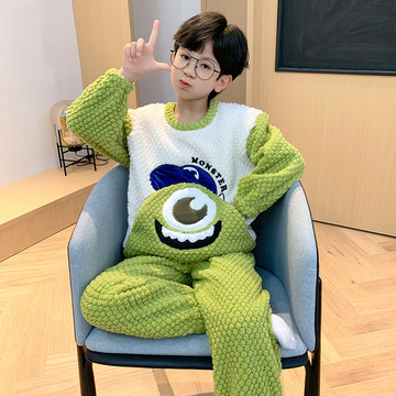 儿童睡衣秋冬季男童加厚珊瑚绒长袖长裤可爱卡通家居服套装可外穿-阿
