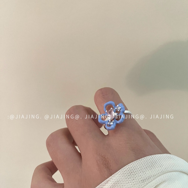 Sweet Exaggerating Flower Ring Zircon Dripping Oil Niche Design Fresh Girl Index Finger Ring Elegant