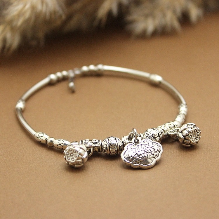 民族风长命锁手镯平安女式复古藏苗银铃铛手链会响韩版中国风手镯