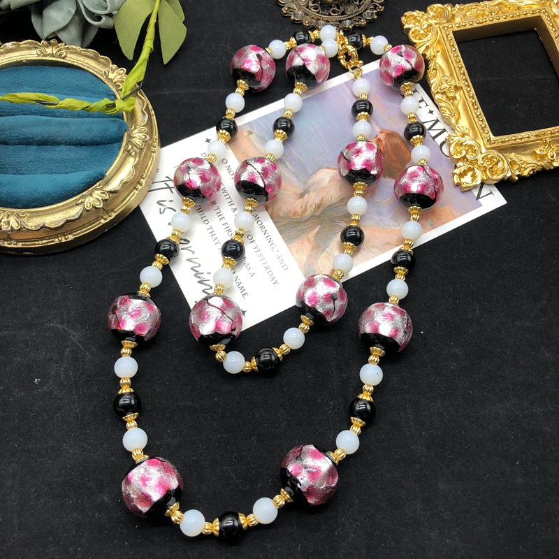 Chinese Style Cherry Blossom Pink Glass Bead Long Necklace Sweater Chain Retro Court I Temperament All-Match Accessories Female