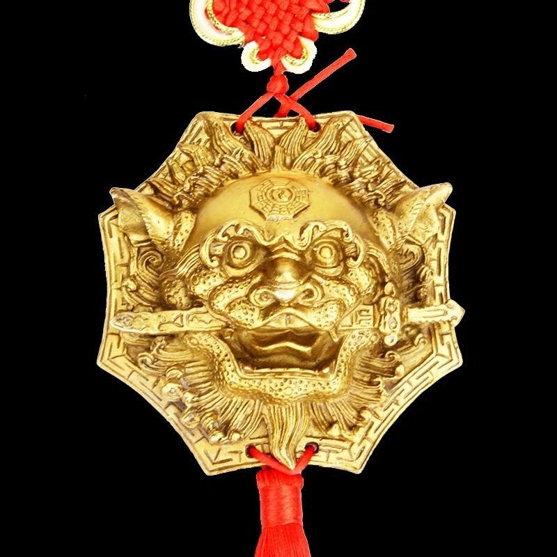 狮咬剑牌纯铜 铜狮子挂件八卦镜虎头牌兽头睚眦镇宅辟邪摆件化煞