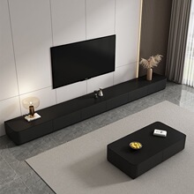 意式极简黑色岩板实木落地电视柜茶几组合现代简约轻奢家用地台柜