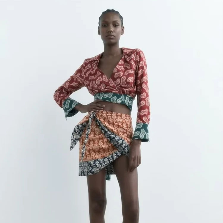 民族风扭结饰印花纱笼裙文艺复古女裙夏季新款高腰显瘦包臀短裙