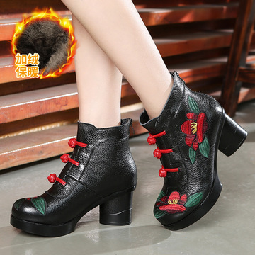 嫔妃丽人新款短靴手工复古民族风真皮绣花女鞋圆头高跟文艺女靴