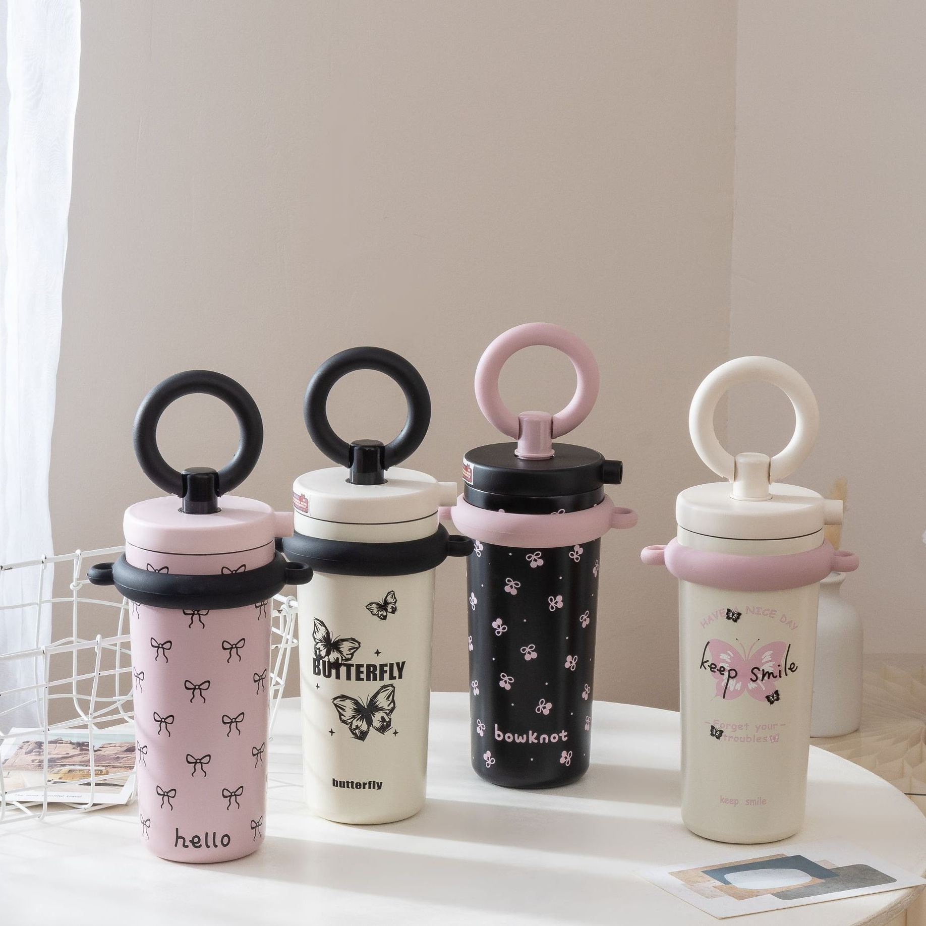 316 stainless steel thermos cup for girls good-looking cute portable with lifting ring coffee cup with straw drinking cup