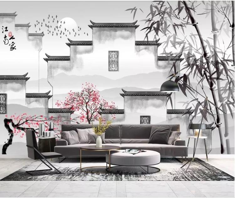 新中式徽派建筑马头墙背景墙墙纸手绘水墨山水画艺术定制壁画墙布