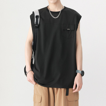 夏季简约纯色背心男潮牌短袖宽松无袖t恤运动大码健身篮球坎肩背