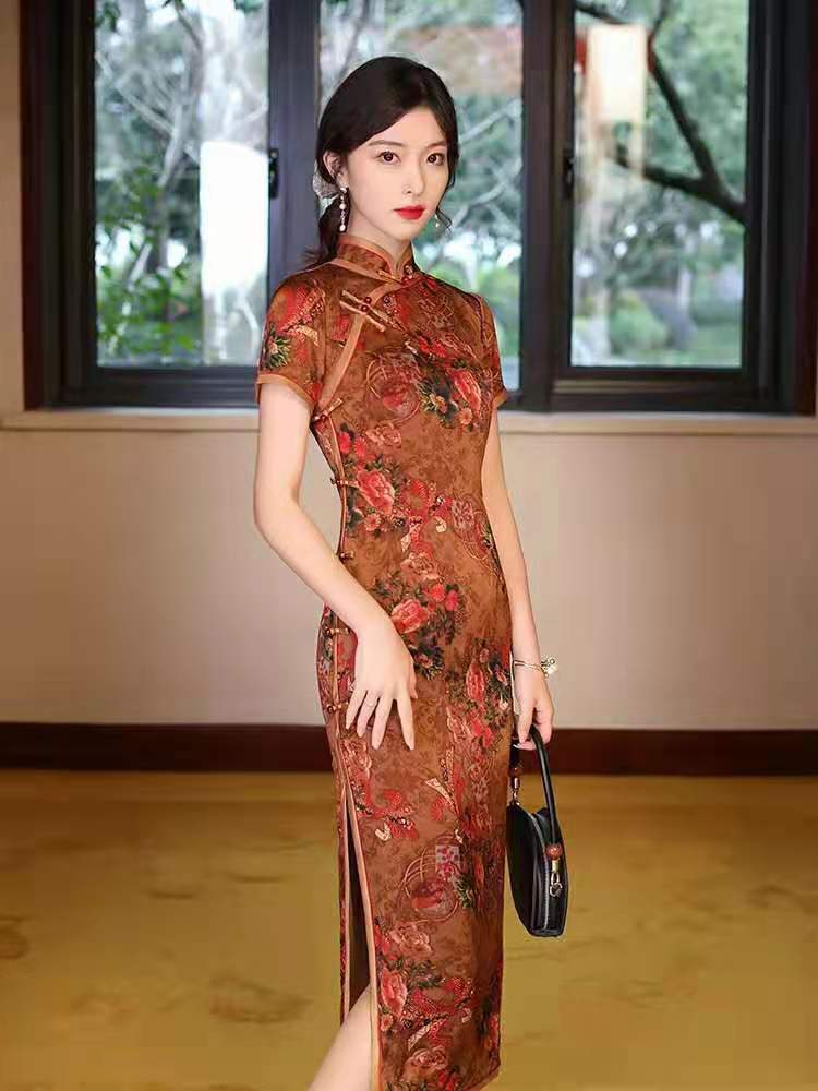 21新款旗袍长款珍珠缎提花侧八扣复古旗袍双层日常演出宴会走秀裙