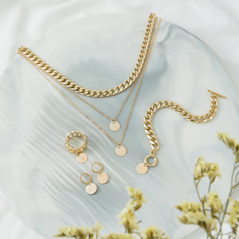 亚马逊热销简约风首饰套装v字多层项链圆片吊坠手链耳环五件套