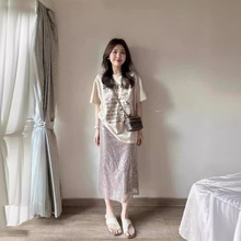 微胖女装套装夏季2024新款韩版字母印花短袖T恤亮片半身裙套装女
