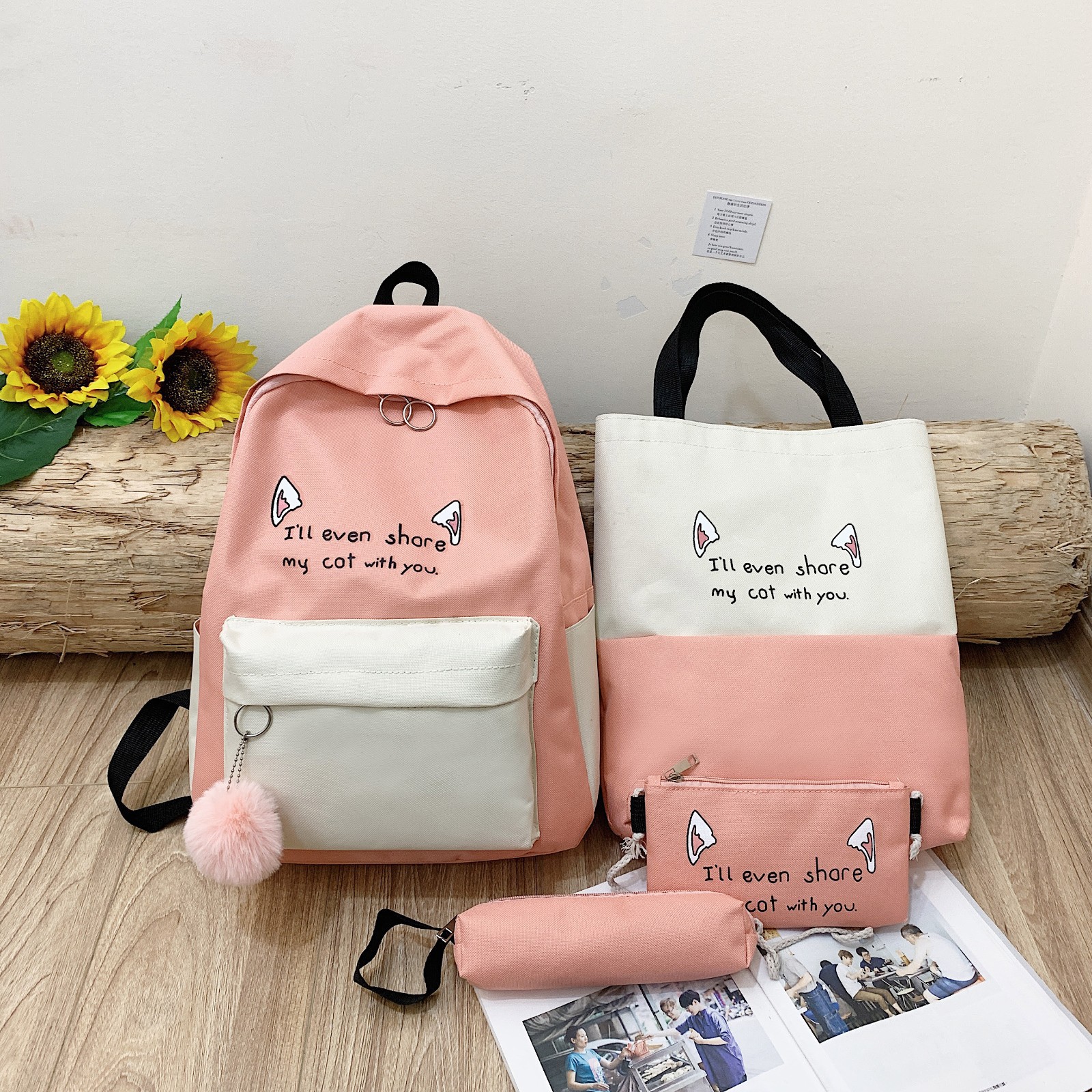 Internet Celebrity Bags Women's Preppy Style Four-Piece Contrast Color Backpack Fashion Large Capacity High School Junior High School School Bag Backpack