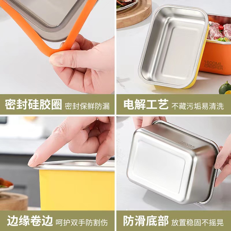 Stainless Steel Crisper with Lid Sealed Box Food Refrigerator Refrigerated Storage Box Rectangular Outdoor Portable Bento Box