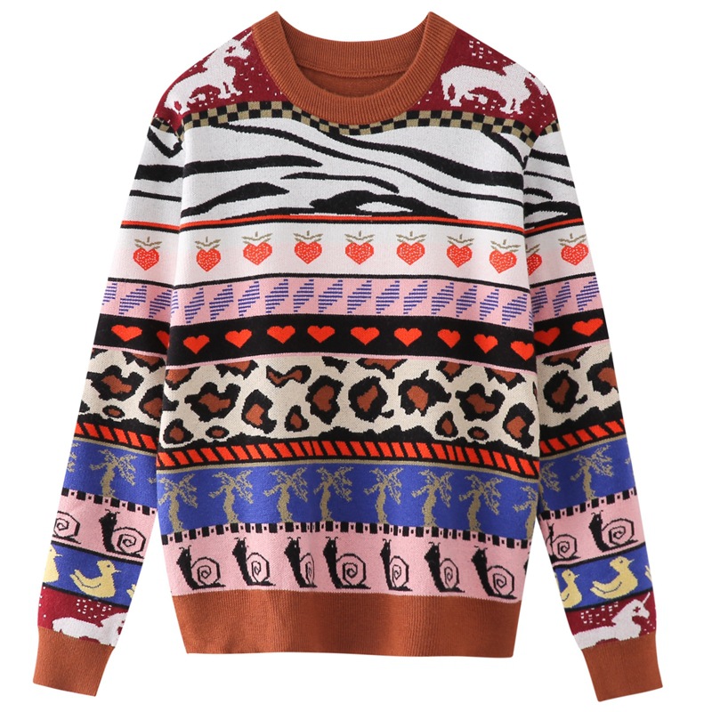 复古花色爱心草莓圆领羊毛衣女欧货新款彩色时尚减龄森林风针织衫