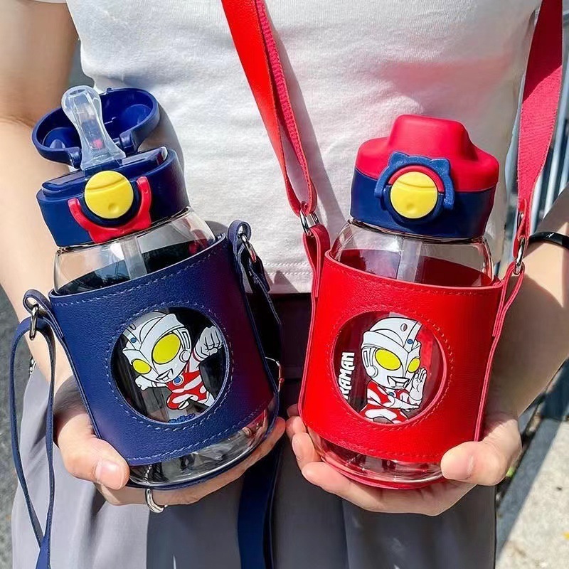 Ultraman Series Child's Plastic Water Cup Summer Kindergarten Baby Straw Cup Portable Strap Anti-Fall Cup