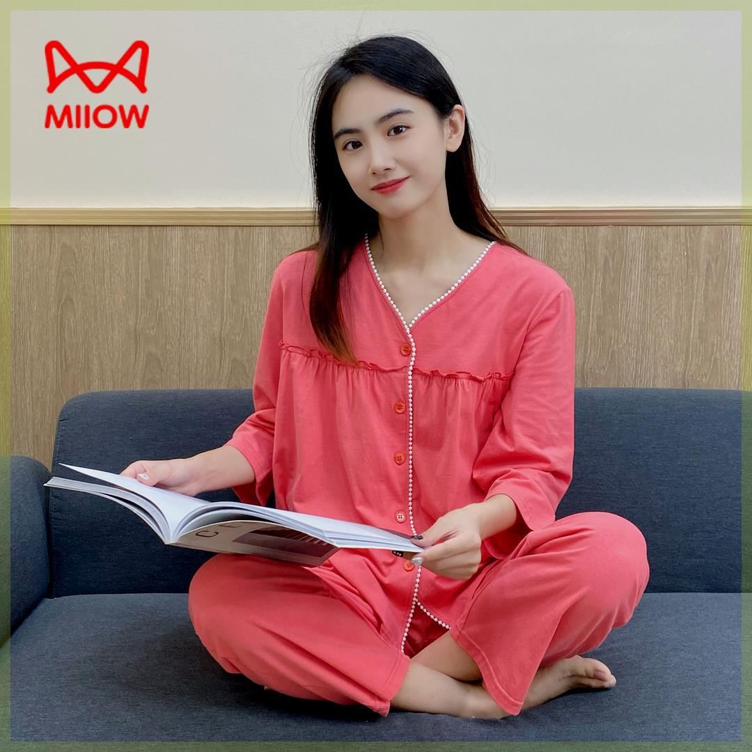 猫人【100%纯棉】红色v领开衫睡衣女套装2024新款春秋家居服睡衣