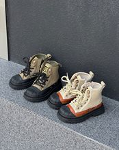 萌萌童鞋2023秋季男女童柔软帆布马丁靴儿童耐磨坡跟中大童靴子