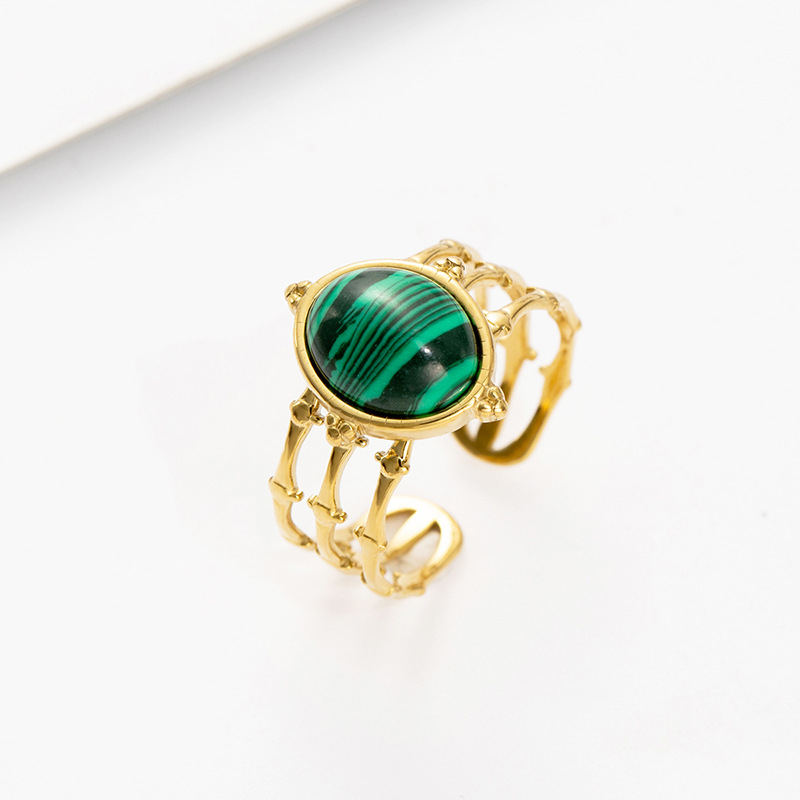 European and American Peacock Green Ring Women's Stainless Steel Oval Natural Stone Open Ring Light Luxury Design Sense Non-Fading Ring