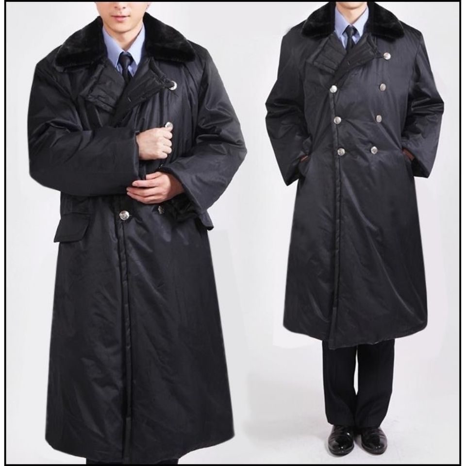 冬季加厚勤务大衣黑大衣防寒服加长款黑色大衣男反光条保安大衣