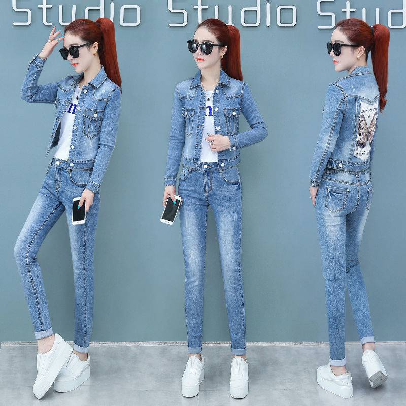 牛仔外套牛仔衣两件套女春秋装甜美蝴蝶浅色裤套装弹力修身显瘦长