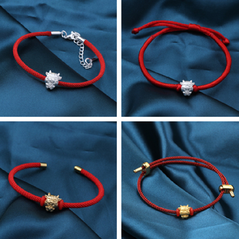 s999纯银手链 3d硬银牛系银手链 本命年红绳编织手链情侣手环