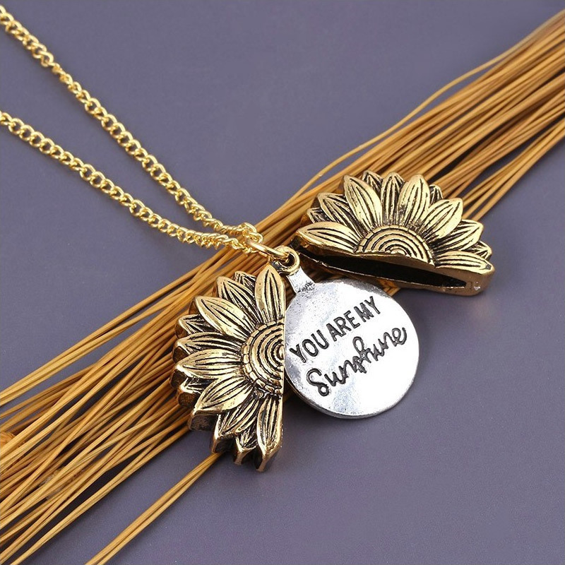 Flower-Shaped Necklace Alloy Flower Sunflower Double Layer Inscription Necklace Can Open SUNFLOWER Clavicle Chain