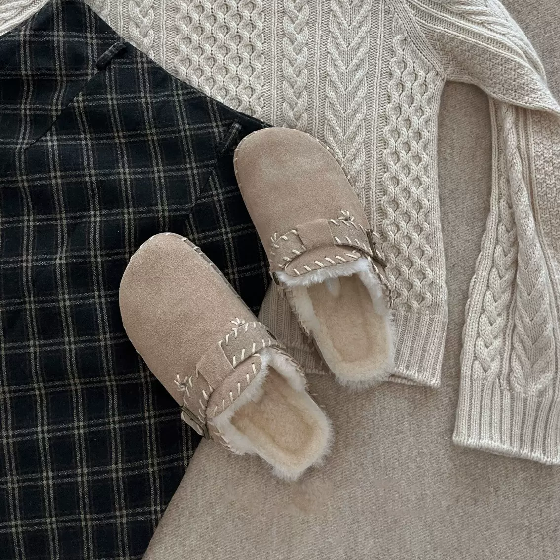 新版加绒包头勃肯鞋女秋冬季新款休闲一脚蹬懒人鞋保暖半拖棉鞋