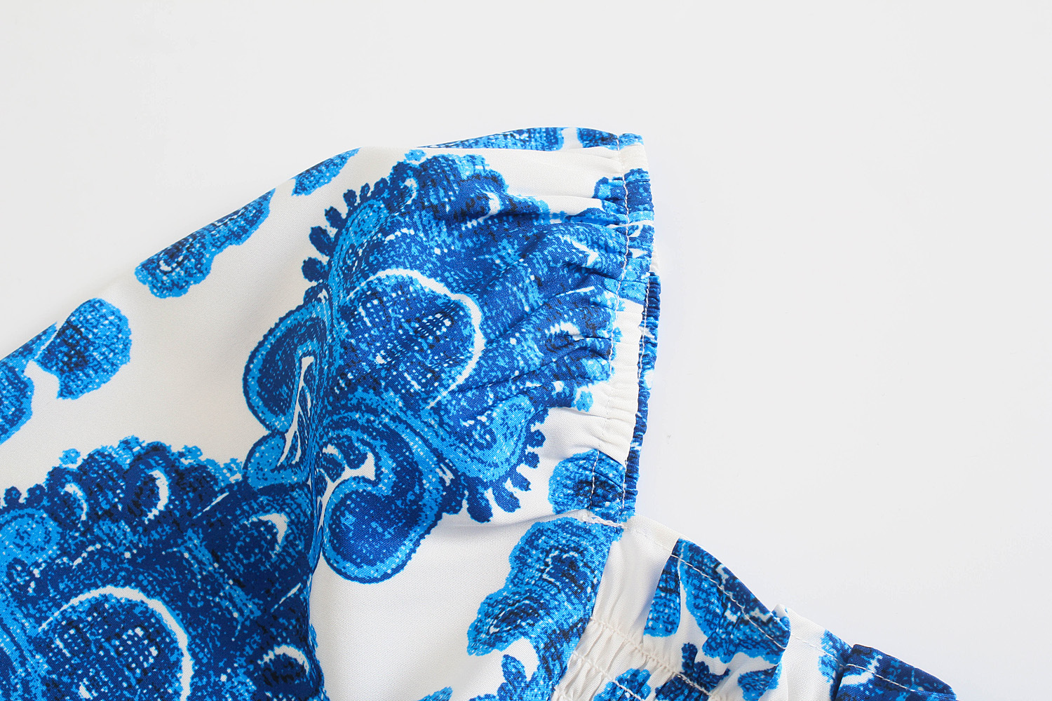 批发2021夏新品欧美风女装腰果花蓝色长袖连衣裙