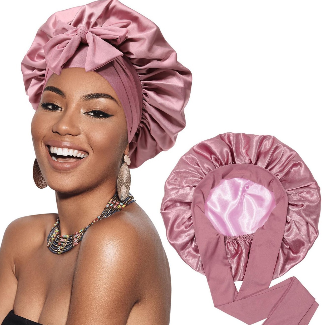 Double-Layer Satin Ribbon round Cap Bow Artificial Silk Beauty Hair Care Wide-Brimmed Hat Female Headscarf Nightcap