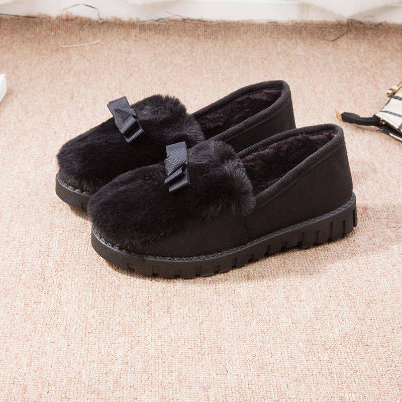 Flat Loafers Women's Autumn and Winter Fleece-lined Thickened Fluffy Shoes Women's Korean Style Slip-on Warm Slip-on Cotton Shoes