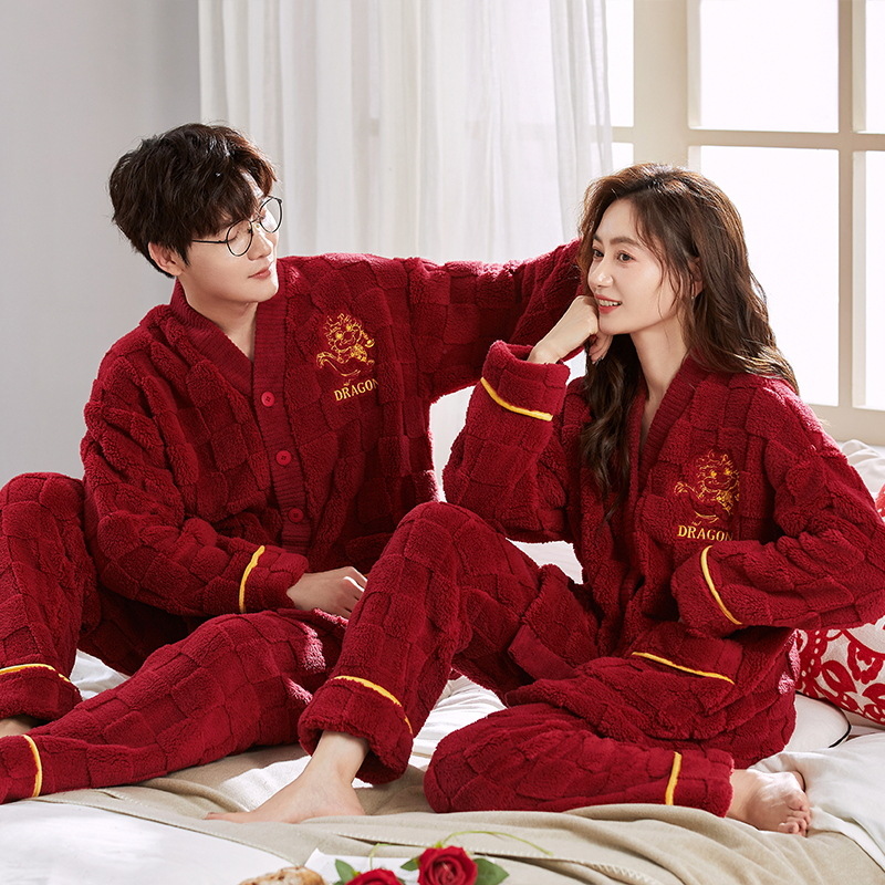 Couple Pajamas Coral Fleece Red Newly-Married Marriage Suit Autumn and Winter Fleece-lined Thickened Men's and Women's Home Wear Warm