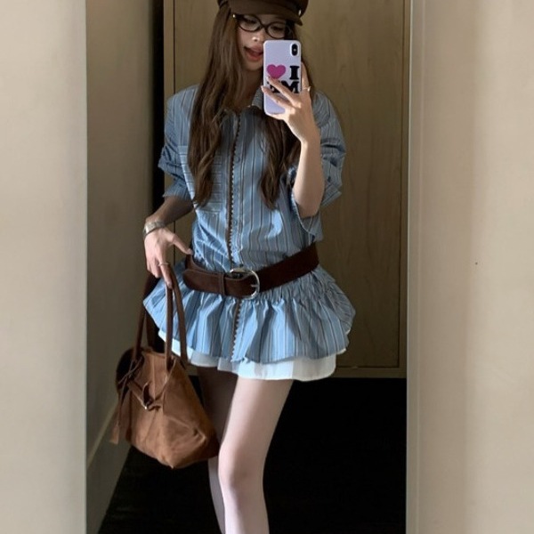 设计感撞色条纹长袖衬衫女早秋小众休闲宽松衬衣POLO领感上衣