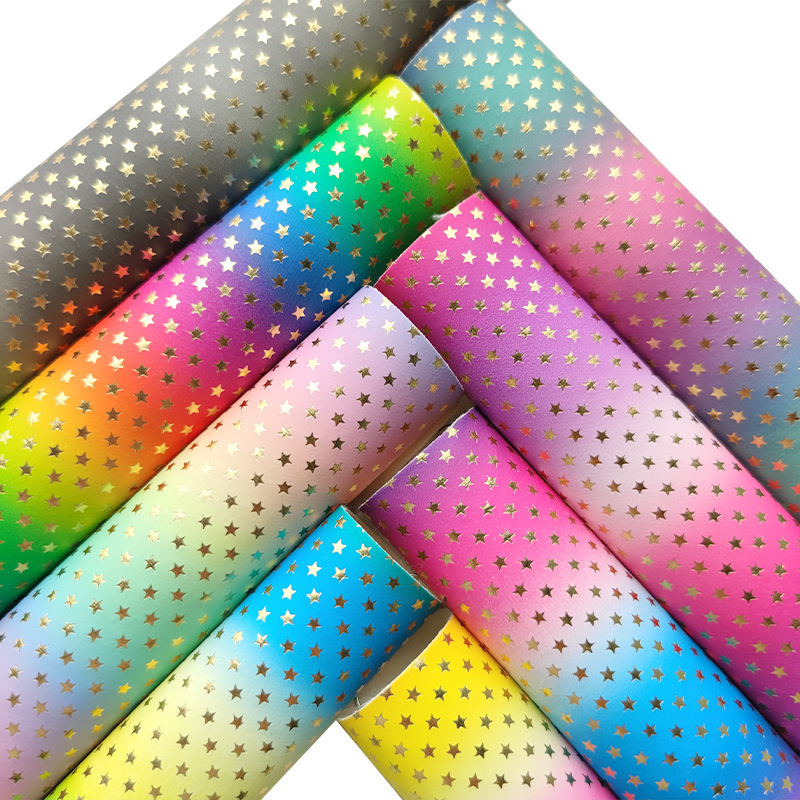 2021新款渐变烫金五角星pu人造镭射皮革 装饰礼品收纳箱包盒材料