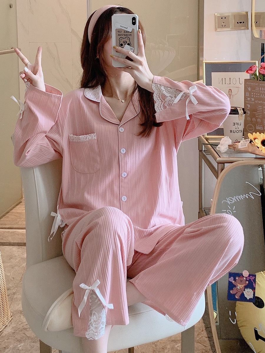 长袖睡衣女春秋棉质韩版2020新款流行甜美可爱简约纯色家居服套装