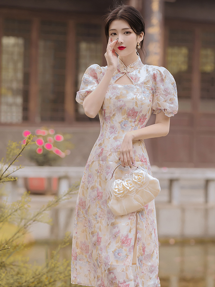 国风改良式旗袍开叉收腰显瘦温柔气质甜美少女小个子古风连衣裙夏