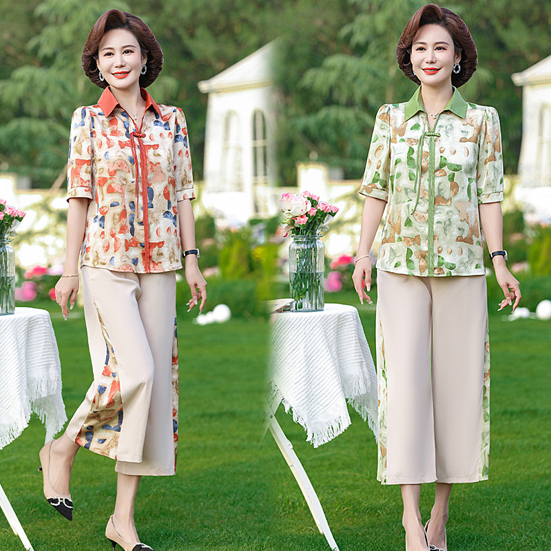 夏季韩版时尚妈妈装夏装翻领彩块五分袖衬衫裤子中老年宽松两件套
