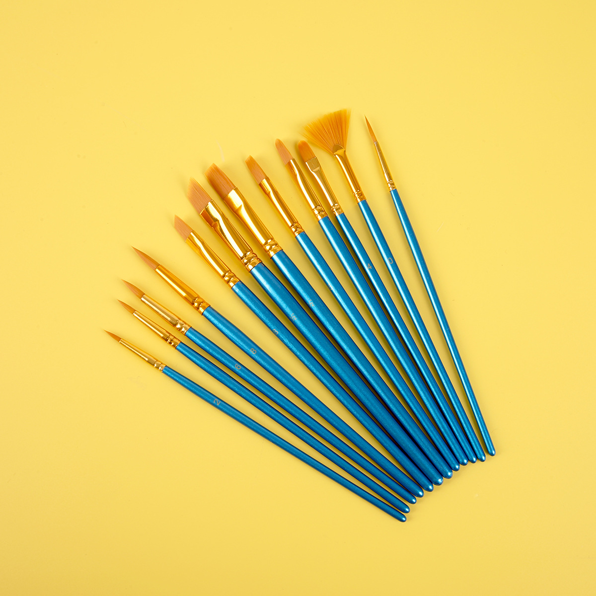 珠光蓝色柄油画笔12支尼龙水粉水彩丙烯画笔套装美术学生扇形排笔