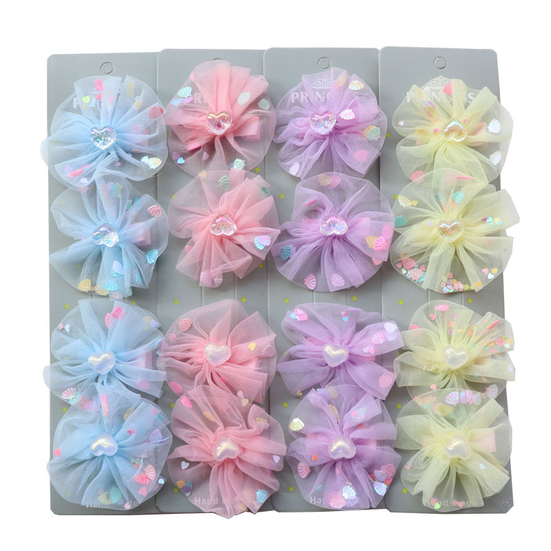 Amazon Cross-Border Hot Selling New High-End Children's Flower Barrettes Cute Candy Color Mesh Sequins Side Clip Set